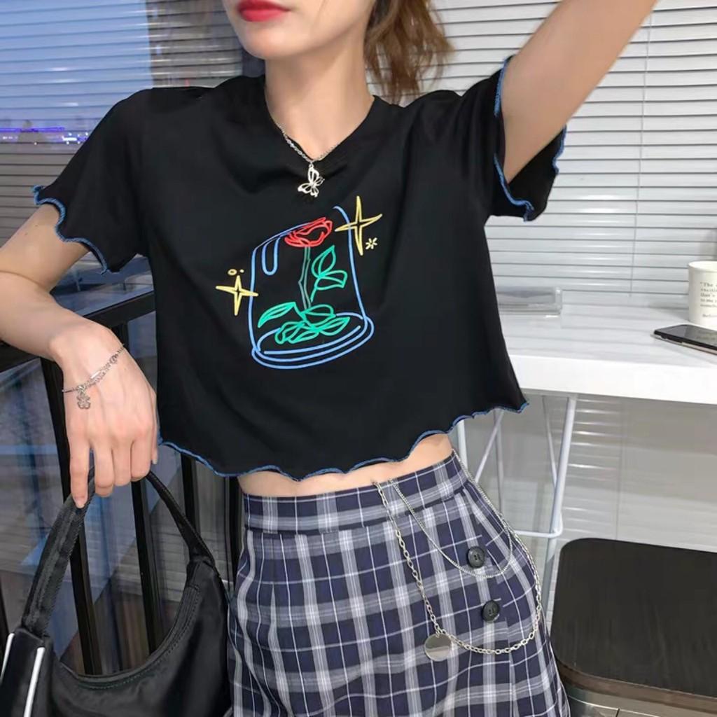 Áo croptop nữ, ngắn tay, mặc đi chơi, thời trang đẹp, viền biên hoa và thỏ cực xinh ( kèm ảnh thật