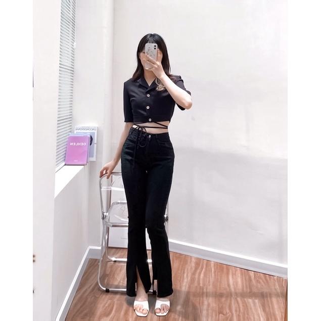 Áo sơ mi cổ bẻ V tay lỡ cúc gỗ dây buộc eo hàng thiết kế vnd0622a05 by germe