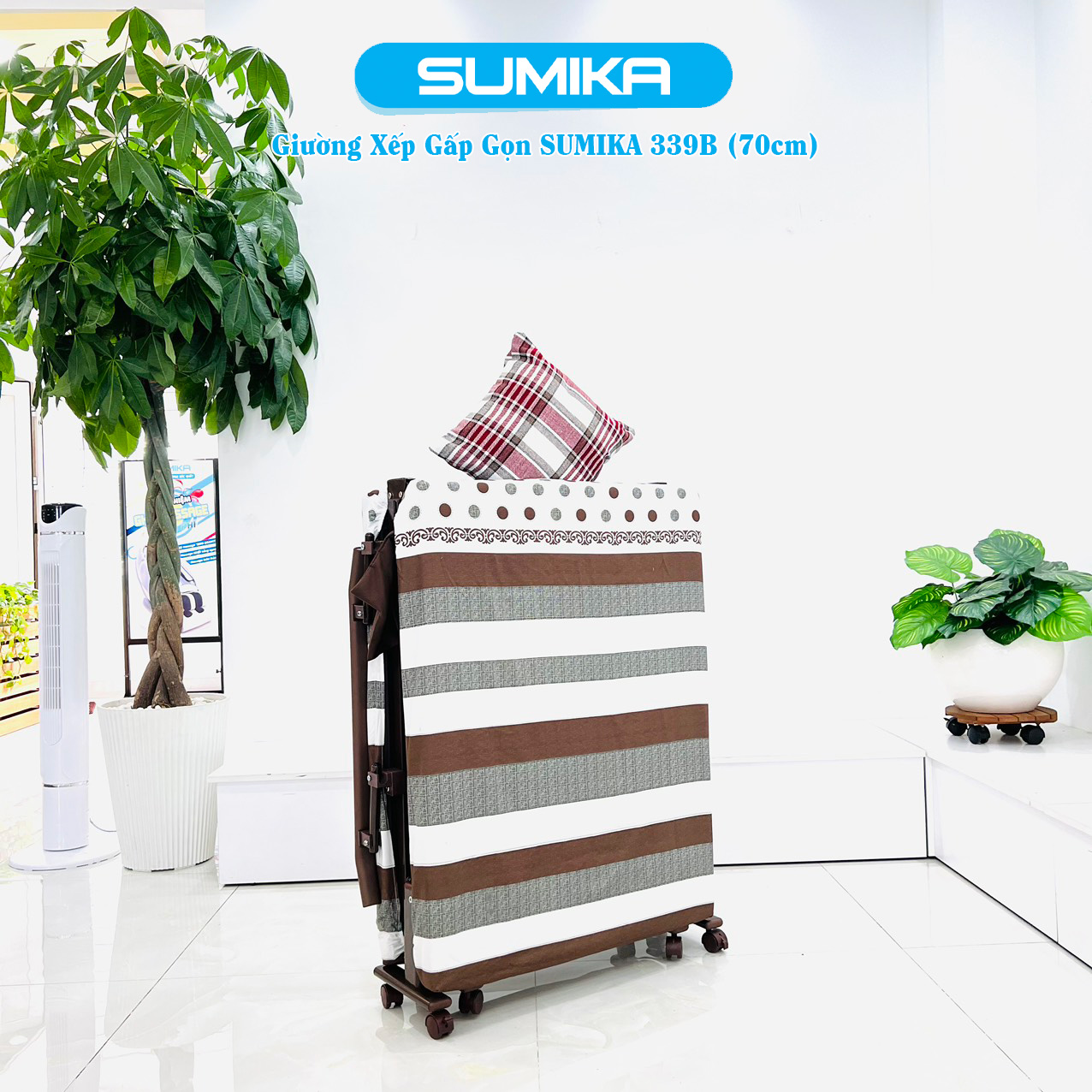 Giường xếp gọn cao cấp SUMIKA 339B, chiều rộng 70cm, khung thép, có bánh xe di chuyển