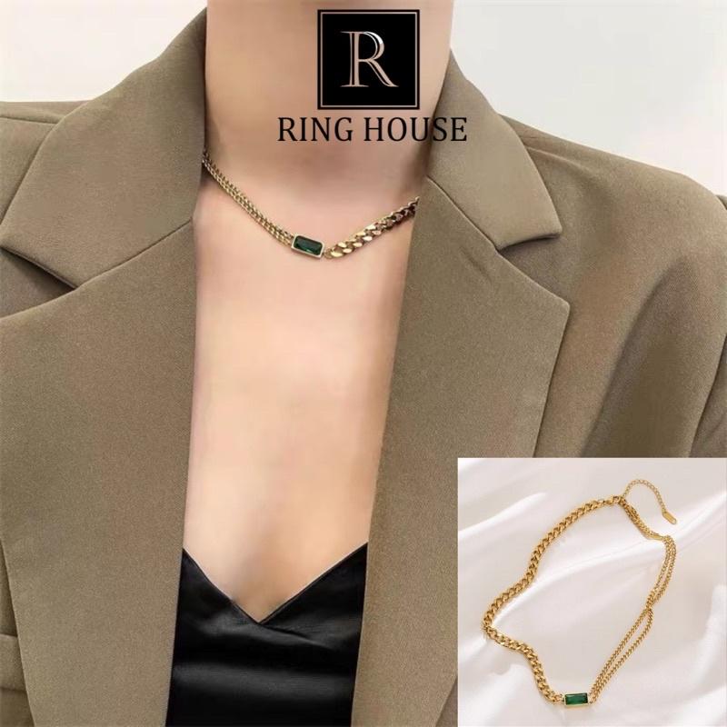 Dây Chuyền Vòng Cổ Nữ Titan Không Gỉ Đá Xanh Sang Trọng Ring House Mệnh Mộc