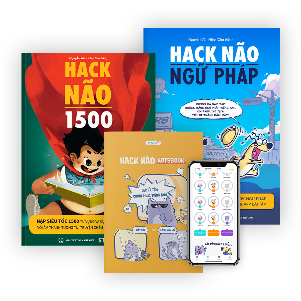 [Hộp sách Tết 2021 - Phiên bản giới hạn] Combo 2 sách Hack Não 1500 + Hack Não Ngữ Pháp + Sổ tay Hack Não Notebook - Tặng App học phát âm và ngữ pháp tiếng Anh miễn phí