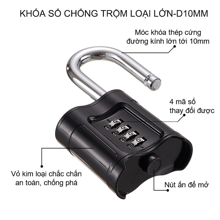 Khóa số chống trộm loại lớn với móc khóa thép cứng D10mm, vỏ hợp kim kẽm mạ không gỉ