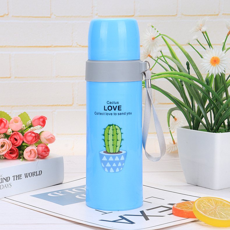 Bình Nước Thủy Tinh Giữ Nhiệt Bọc Nhựa Họa Tiết Cây Xương Rồng, Chữ Cactus Love 500ml