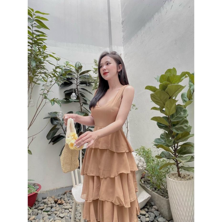Đầm váy maxi voan tầng trắng nude kem hồng cổ V Ivy.fashion đi biển dự tiệc dạo phố bigsize gợi cảm sexy