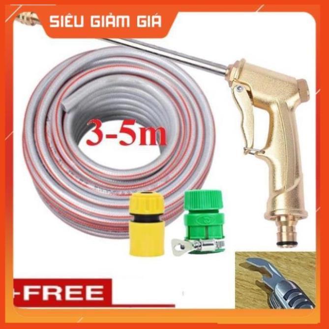 Bộ dây vòi xịt nước rửa xe, tưới cây .tăng áp 3 lần,loại 3m,5m 206701-3 đầu đồng,cút nối nhựa vàng+ tặng mở chai