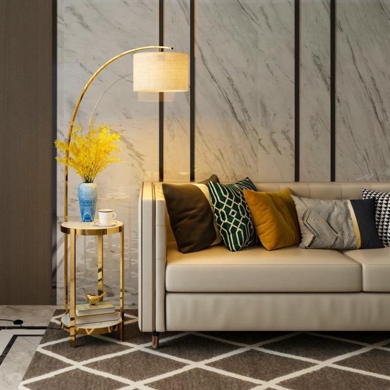 Đèn đặt góc sofa tô điểm phòng tiếp đón khách bàn đá.tap tô điểm phòng ngủ.đèn cây chao vải hiện đại