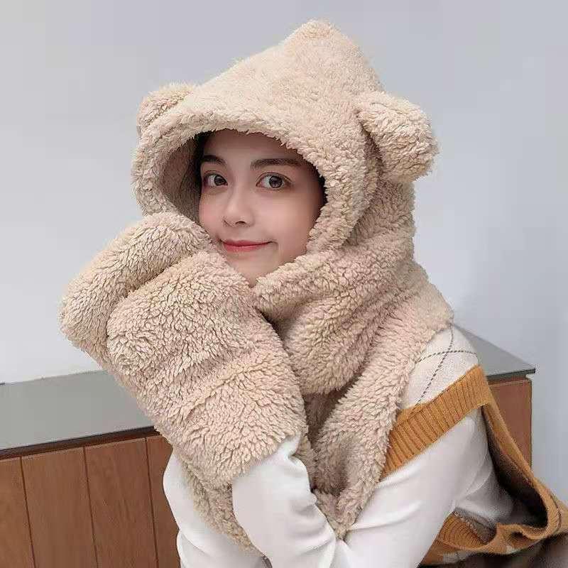 Mũ lông tai gấu 3 trong 1 có khăn quàng cổ và bao tay cho mùa đông ấm áp
