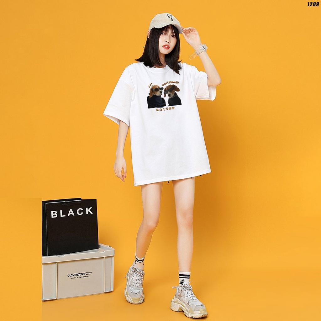 Áo thun tay lỡ phông trơn unisex phom rộng in hình hình chú chó hài hước