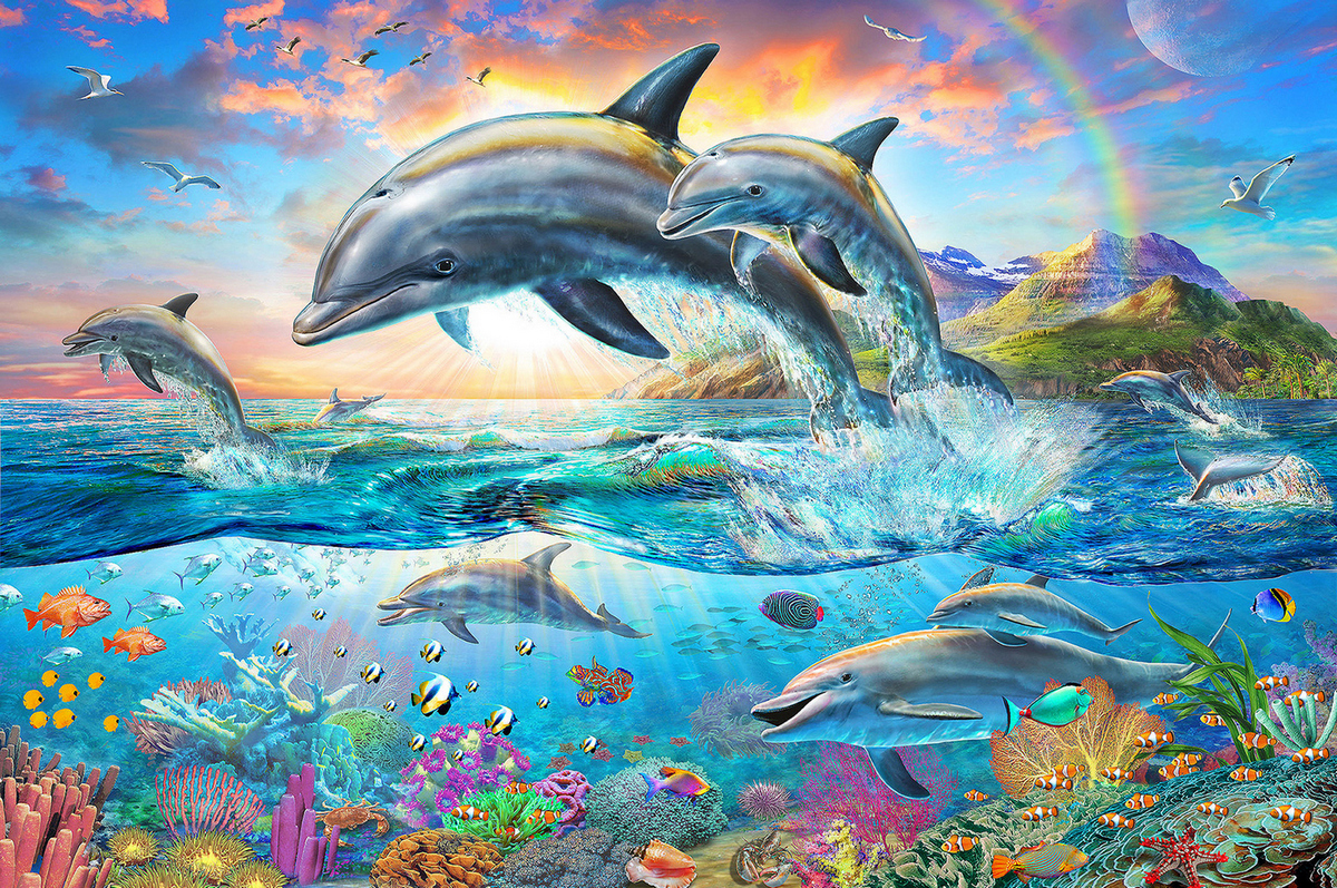 Tranh Xếp Hình Random Cut 750 Mảnh Minh Châu – Gia Đình Cá Heo