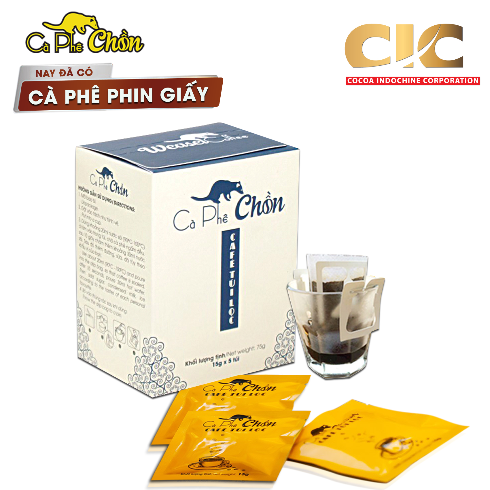 Cà Phê Chồn phin giấy Cocoa Indochine (Hộp 5 Gói x 15g)