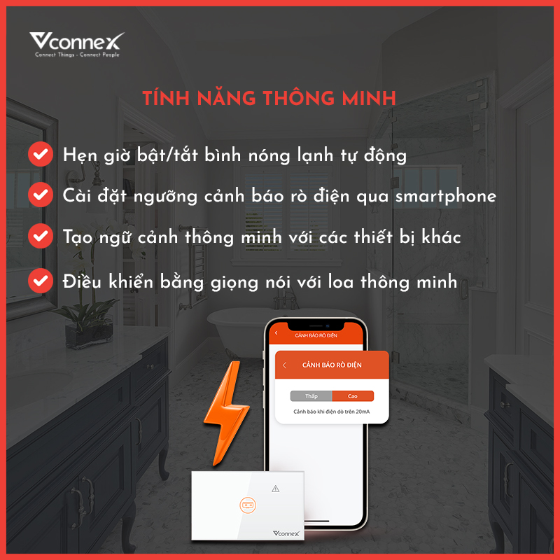 Công tắc bình nóng lạnh chống giật, không viền, Wifi 2.4 Gz, Vconnex