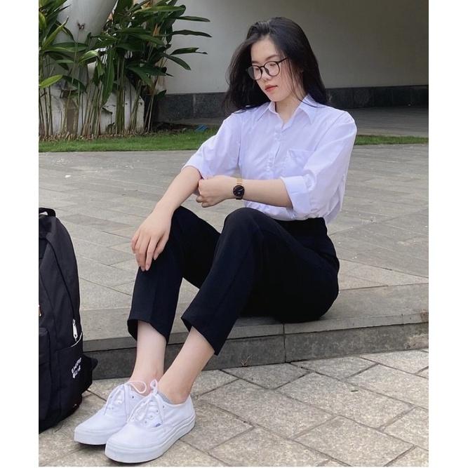 Quần tây baggy nữ mặc đi học cạp cao, quần vải học sinh