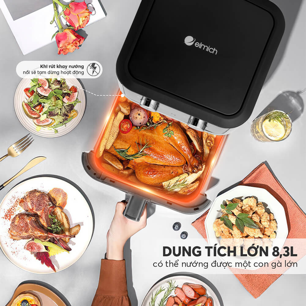 Nồi chiên không dầu Elmich 8.3L AFE-3951OL, công suất lớn 1800W – 2150W, làm chín thức ăn nhanh, chất liệu chống dính cao cấp, an toàn cho sức khỏe - Hàng chính hãng