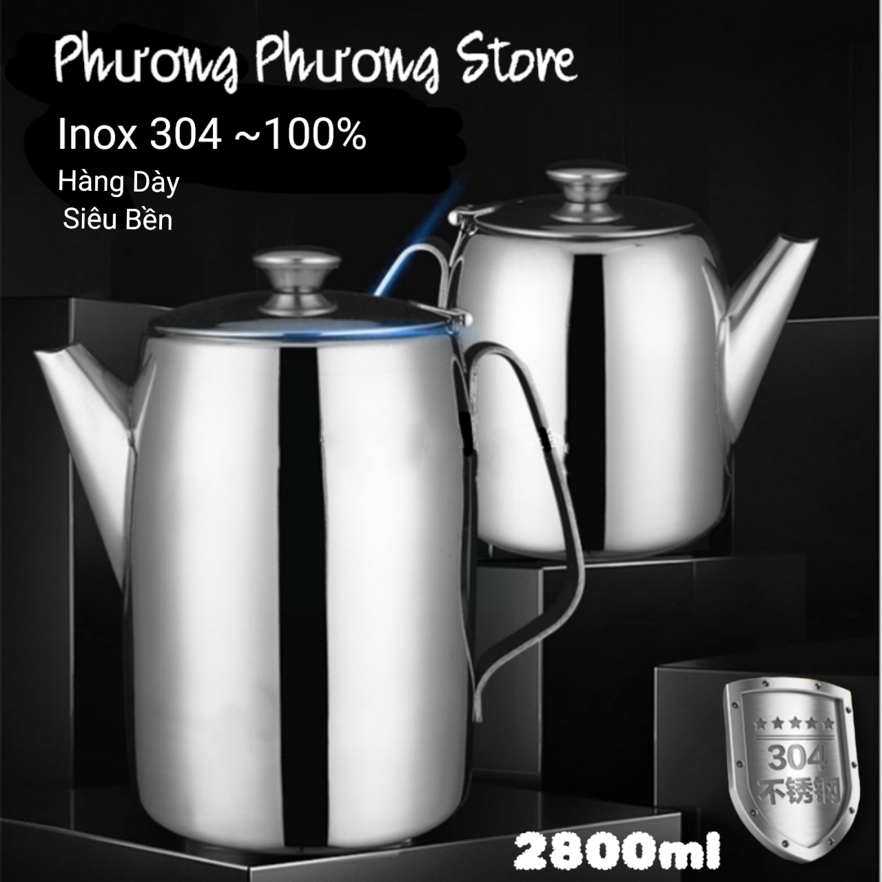 Ca đựng nước có nắp đậy inox sáng bóng 2800ML / Ấm rót nước inox hàng không/ Ấm rót trà cafe inox 304 dày đẹp