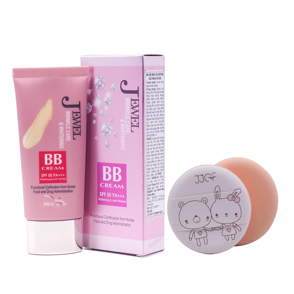 Kem lót nền đa chức năng cao cấp Hàn Quốc Mira Jewel BB Cream (40g) + tặng Bông phấn tán kem nước Suri cao cấp  Hàn Quốc (bịch 2 miếng) – Hàng chính hãng.