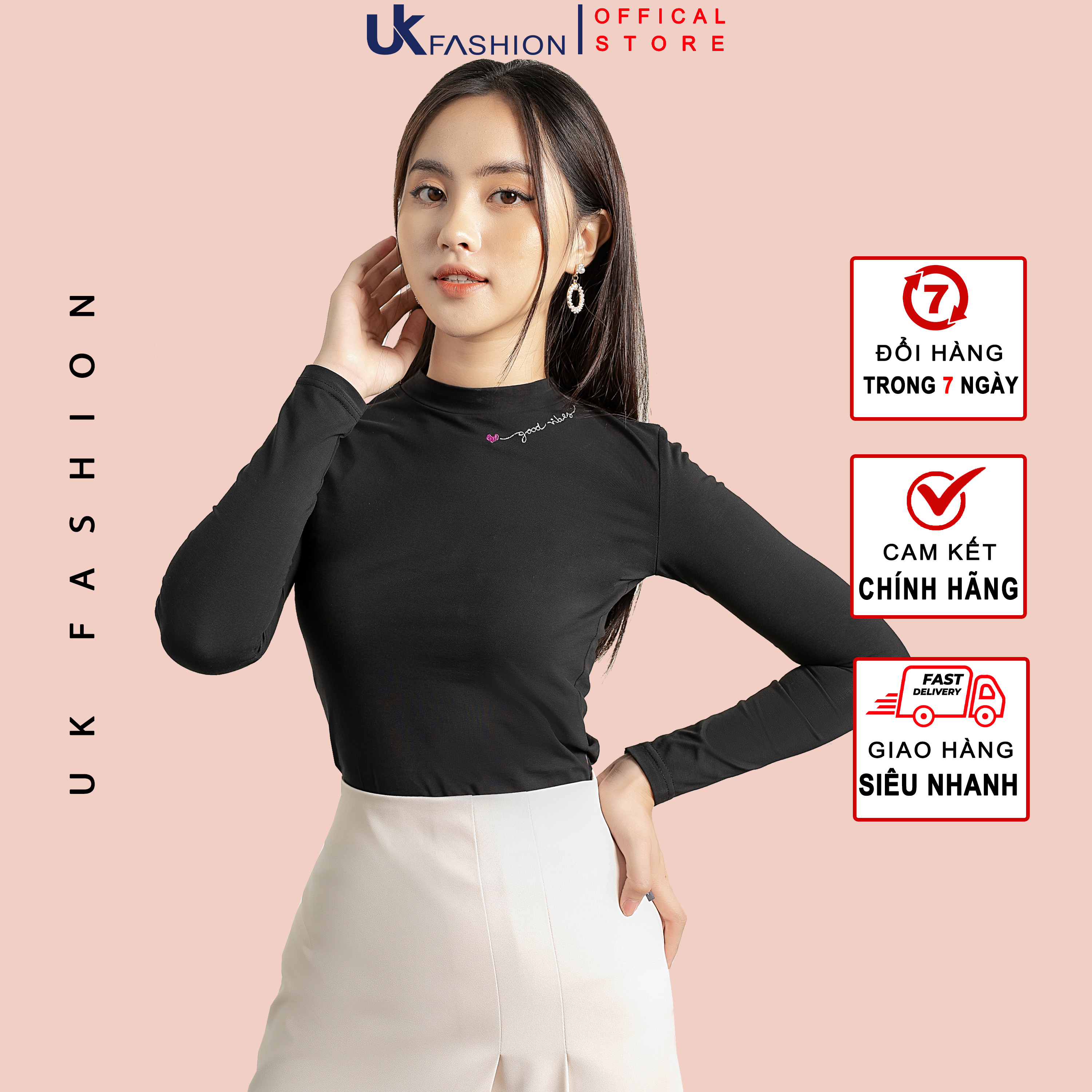 Áo Thun Nữ Dài Tay UK FASHION Dáng Ôm Cổ Cao In Chữ, Chất Liệu Cotton Mềm Mịn, Co Giãn NKAT2010021