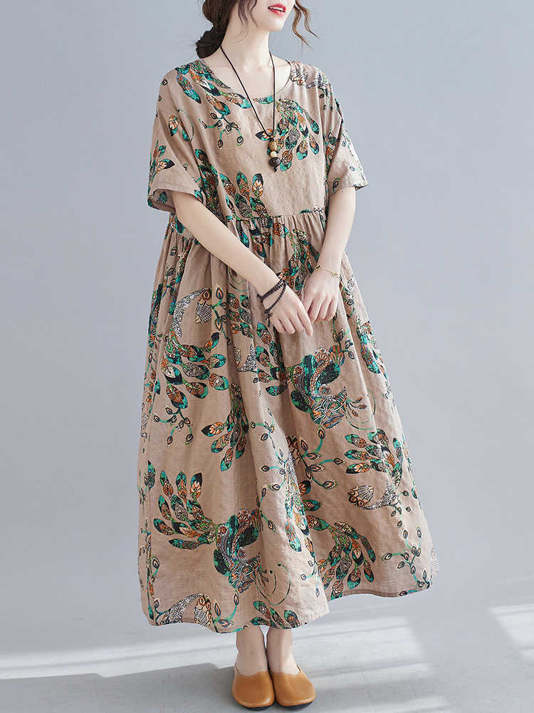 Women Vintage Dress Floral Print Pockets Mid-Calf Loose O-Neck Short Sleeves Dress Plus Size Casual