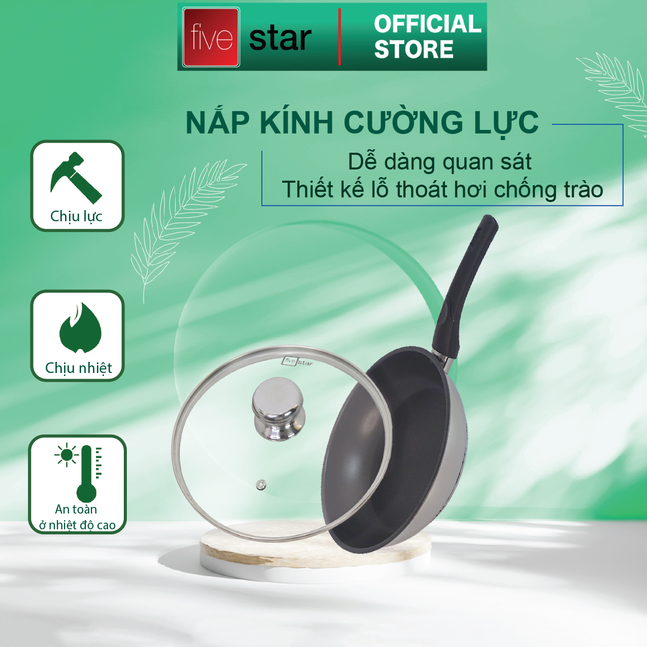 Chảo chống dính 3 đáy inox 430 Fivestar Standard và nắp kính tặng 5 muỗng ăn
