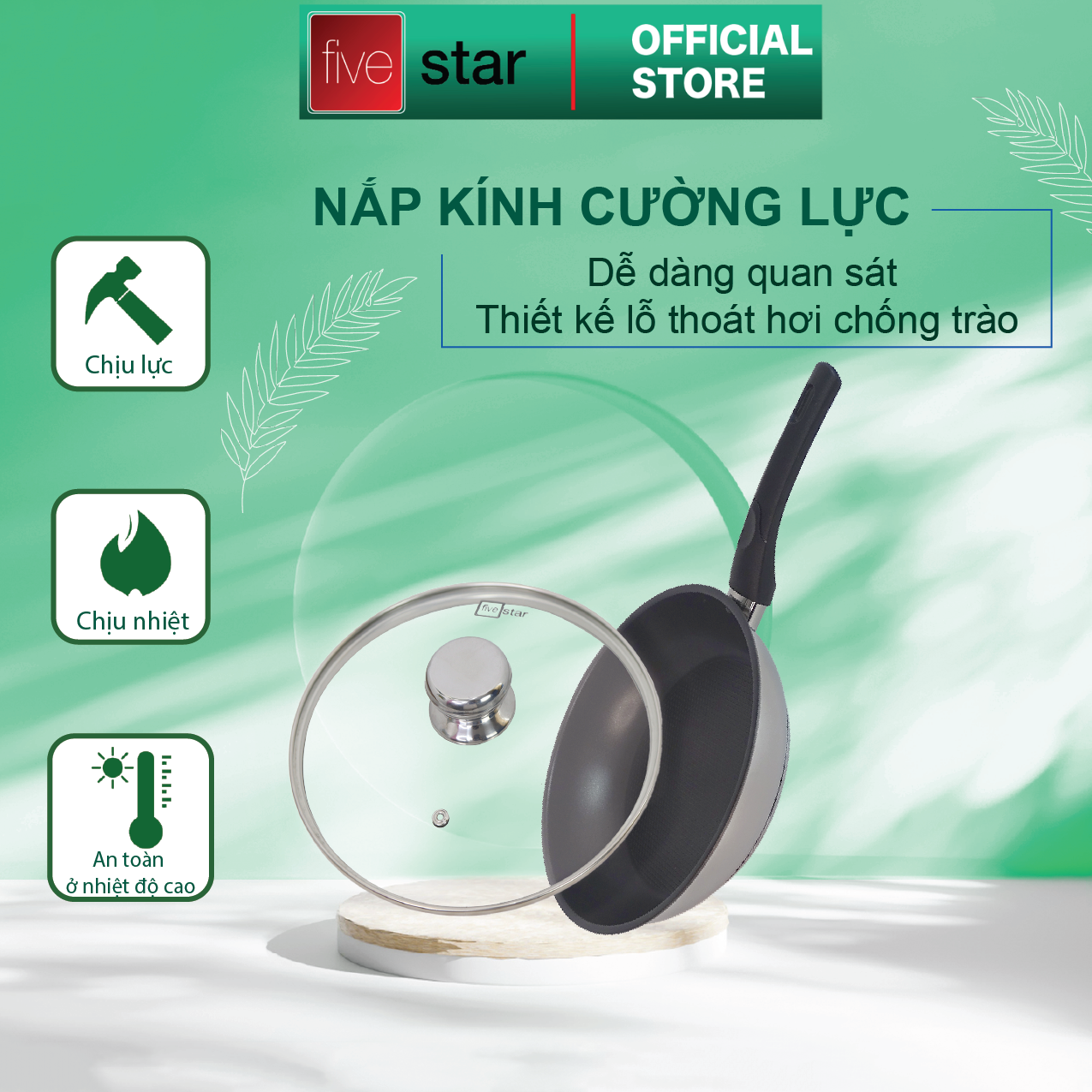 Chảo chống dính 3 đáy inox 430 Fivestar Standard và nắp kính tặng 5 muỗng ăn (16cm/20cm)