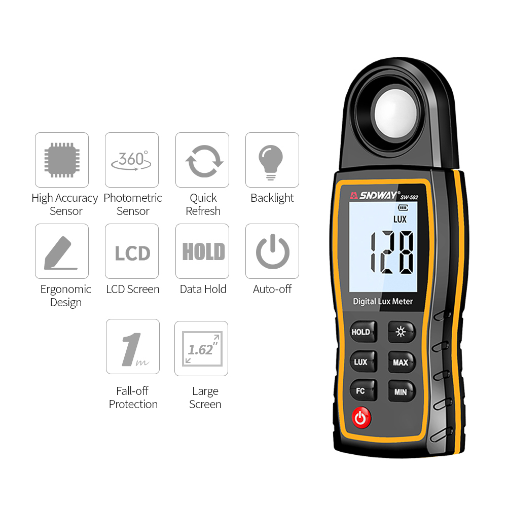 SNDWAY Digital Lux Meter LCD Display Handheld Auto Range Illuminometer Luminometer Photometer Luxmeter Light Meter