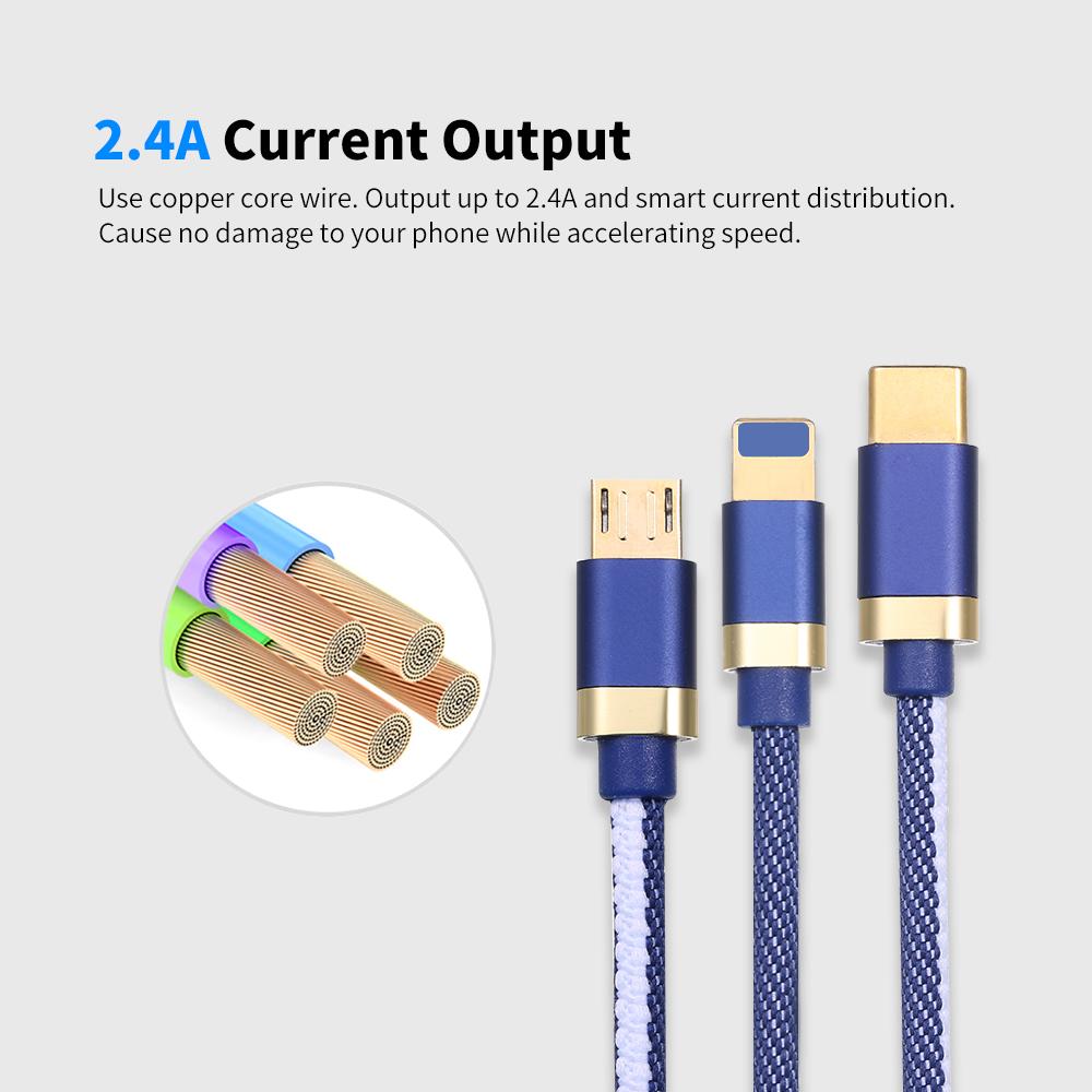 Cáp sạc 3 trong 1 có Micro USB / Type-c Thay thế cho iPhone Xiaomi Huawei Samsung Bện vải 1.2M