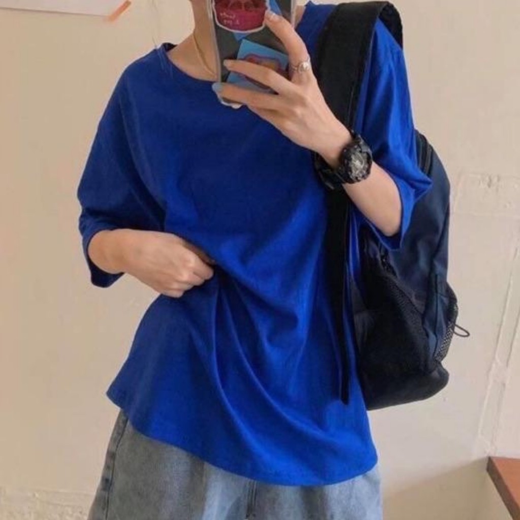 Áo Thun Tay Lỡ Trơn Oversize Dáng Rộng Màu Xanh Dương Unisex Blue - MM