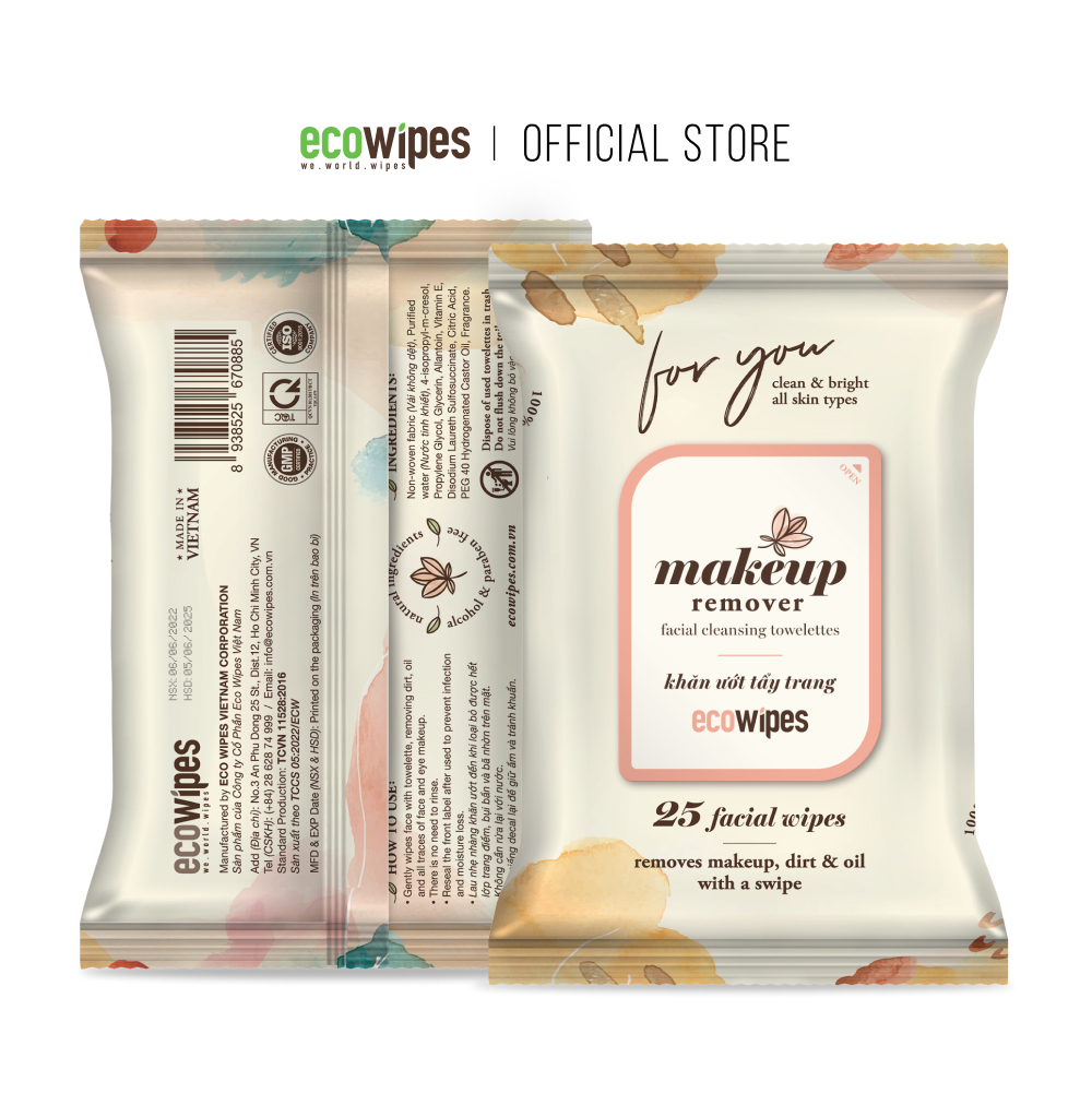 Khăn giấy ướt tẩy trang Makeup Remover Ecowipes gói 25 tờ làm sạch lớp trang điểm nhanh chóng