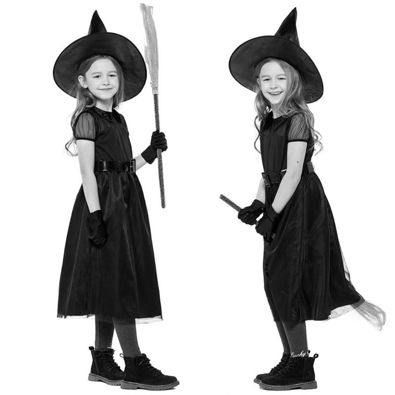 1 Bộ Trẻ Em Bé Gái Phù Thủy Trang Phục Hóa Trang Halloween Lưới Nữ Tay Ngắn Cổ Tích Đầm Nón Dây Lưng Găng Tay Đảng Vai Trò Chơi bộ Trang Phục