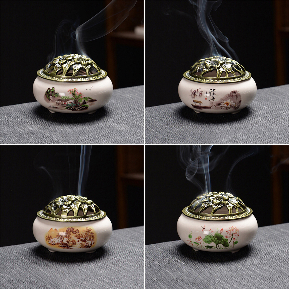 Lư xông trầm hương đỉnh đốt nhang gốm sứ nhiều họa tiết