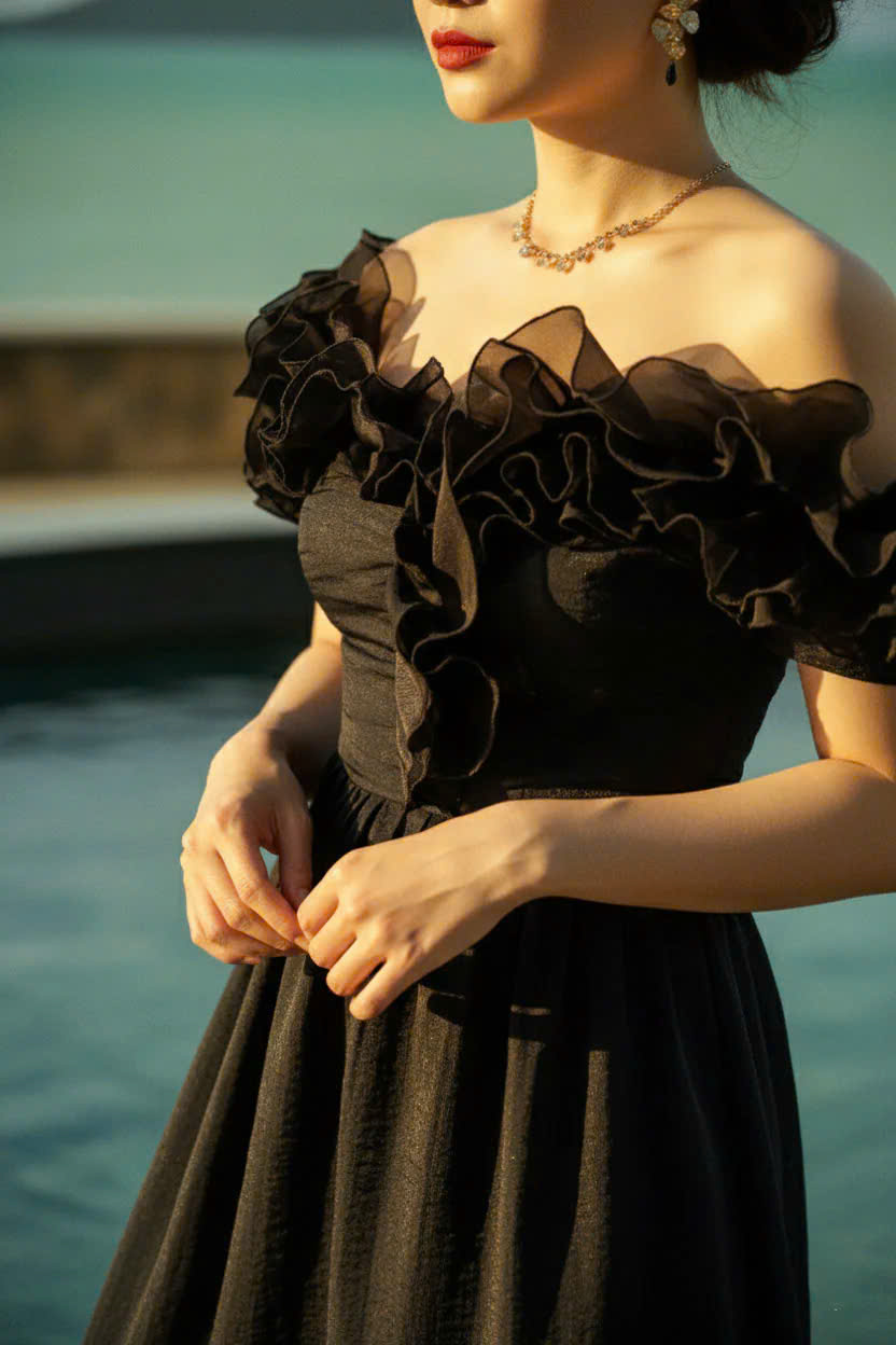 Đầm Maxi Trễ Vai, Đầm Dài Đi Tiệc, Đầm Dạ Hội Đen thời trang thiết kế Hity