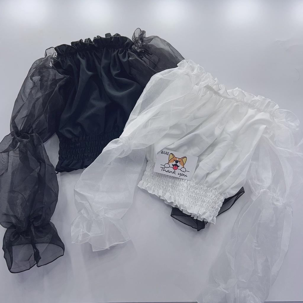 Áo kiểu trễ vai bo eo form ngắn - áo kiểu Hàn quốc phối tay bồng voan kiến dễ thương