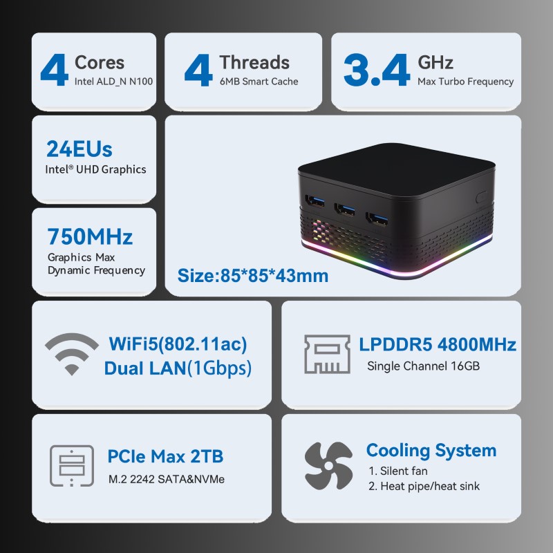 Máy Tính Siêu Nhỏ Ultra Mini T9 PLUS - Intel thế hệ 12 Alder Lake N100 - Hỗ Trợ Xuất Hình 4K 60hz