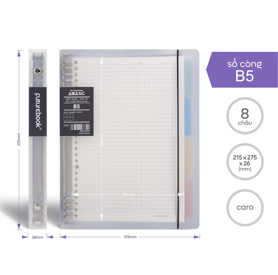 FUTUREBOOK-Sổ Còng Binder Aibasic 8 Chấu B5 Kèm Ruột Sổ Refill_120Trang–Định Lượng 100Gsm–Dòng kẻ Caro_Kẻ Ngang