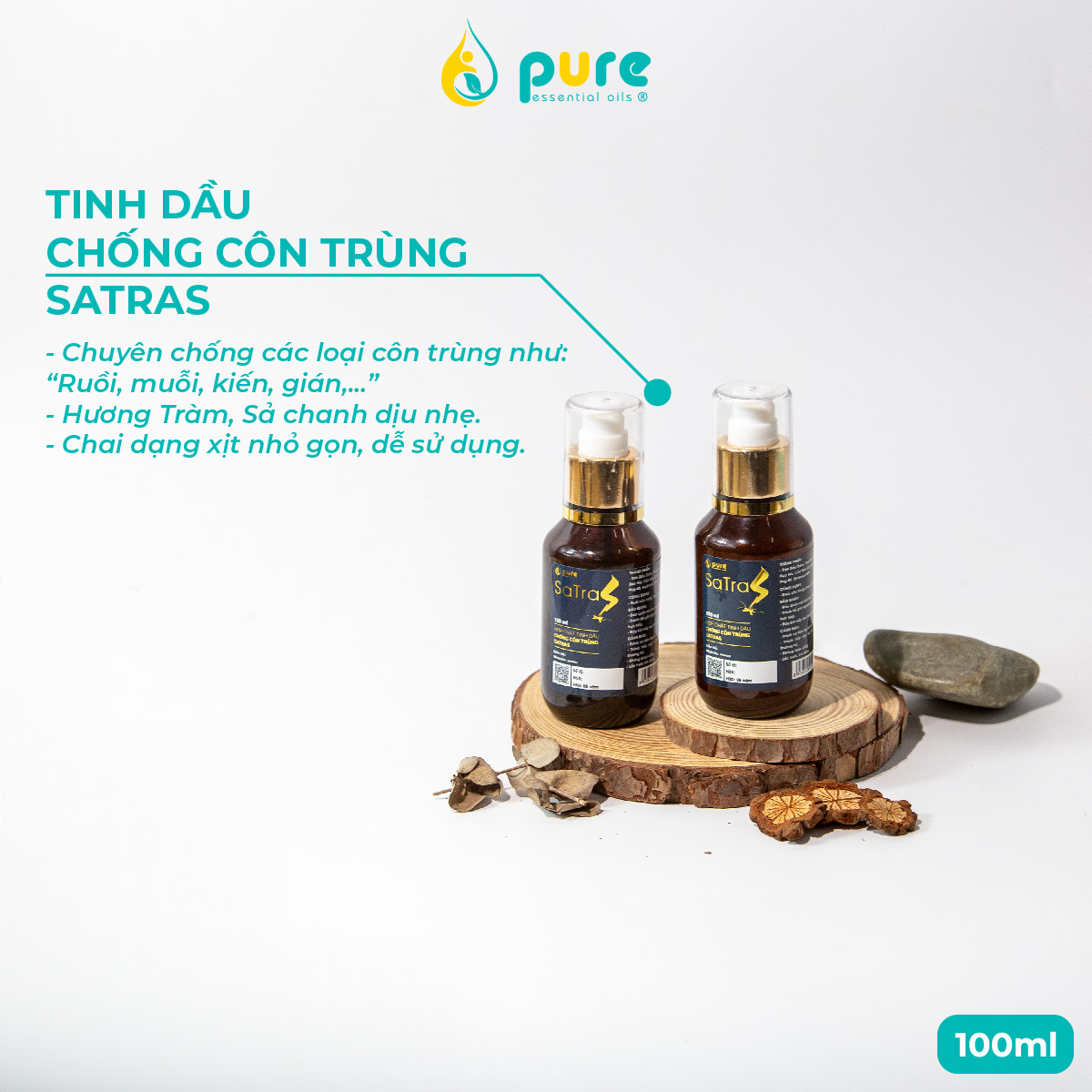Hợp Chất Tinh Dầu Chống Côn Trùng SaTras giúp đuổi muỗi, ruồi, kiến, gián - Chai 100ml - Tinh dầu thiên nhiên, an toàn cho sức khỏe gia đình
