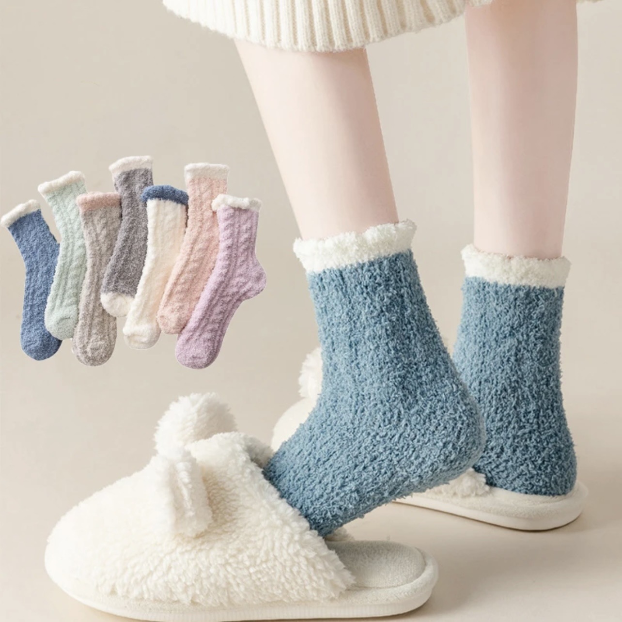 Combo 5 đôi Tất vớ cổ cao nữ chất len bông tất lông cừu siêu dày màu xinh