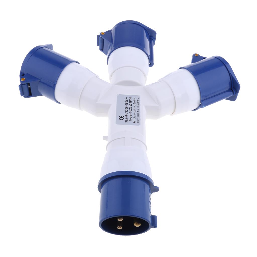 220V 32Amp 3Pin Industrial Socket 3 Way Splitter Waterproof 2P+E