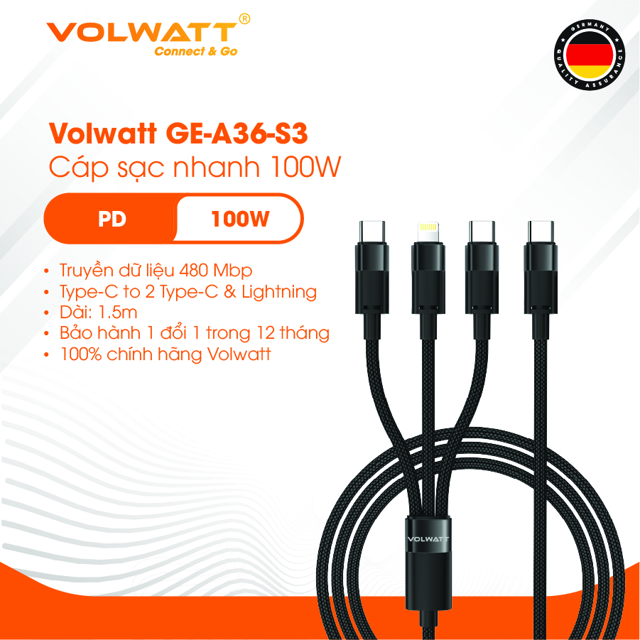 Cáp sạc siêu nhanh 3 đầu Volwatt GE-S36-S3 hàng chính hãng | Type-C ra C (100W)+C(15W)+L(27W), dây bện 1.5m | BH 12 tháng