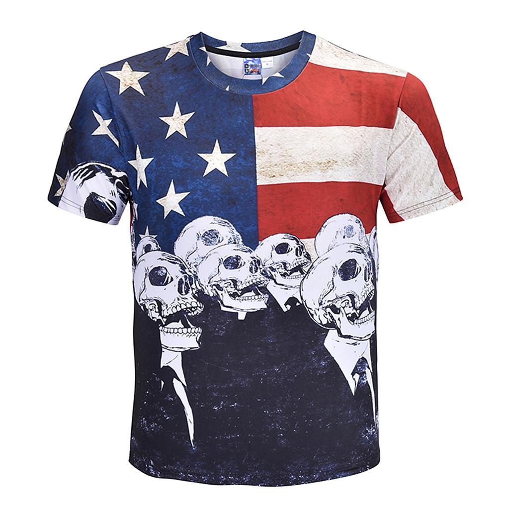Fashion Men’s Fun T-shirts American Flag Holiday Fancy Dress Round Neck 3D Skull Head Print Tee M - 3XL