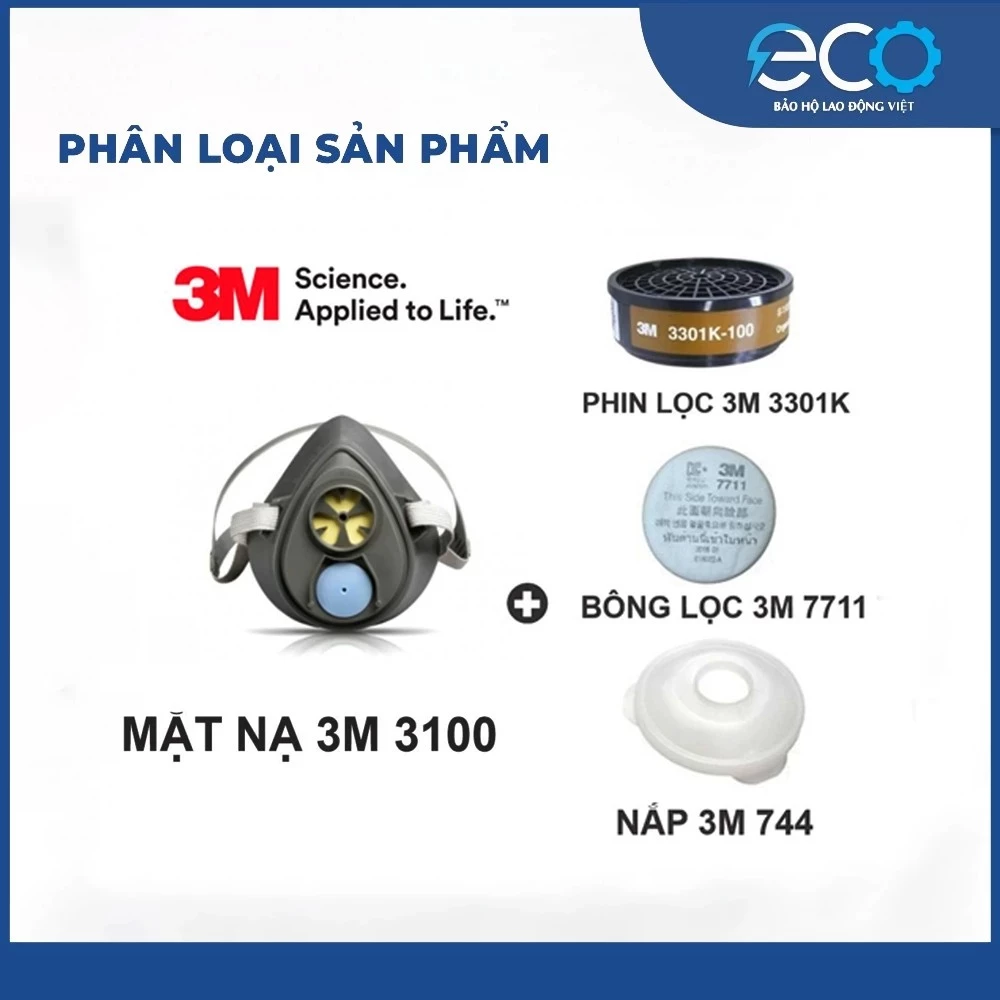 Combo nguyên bộ 4 món mặt nạ phòng độc 3M 3100/ 3200 + phin lọc 3M 3301K-100 + tấm lọc bụi 3M 7711 + nắp giữ tấm lọc 3M 774