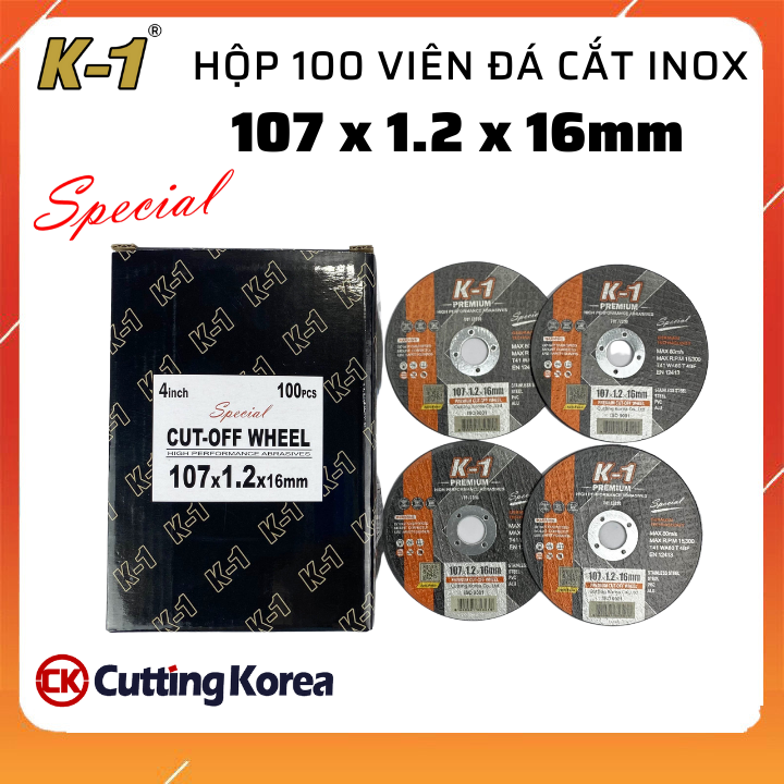 Hộp 100 viên ĐÁ CẮT SẮT INOX Đặc Biệt 100 | Đá cắt K1 Special đen 100 | Đá cắt sắt inox phi 100