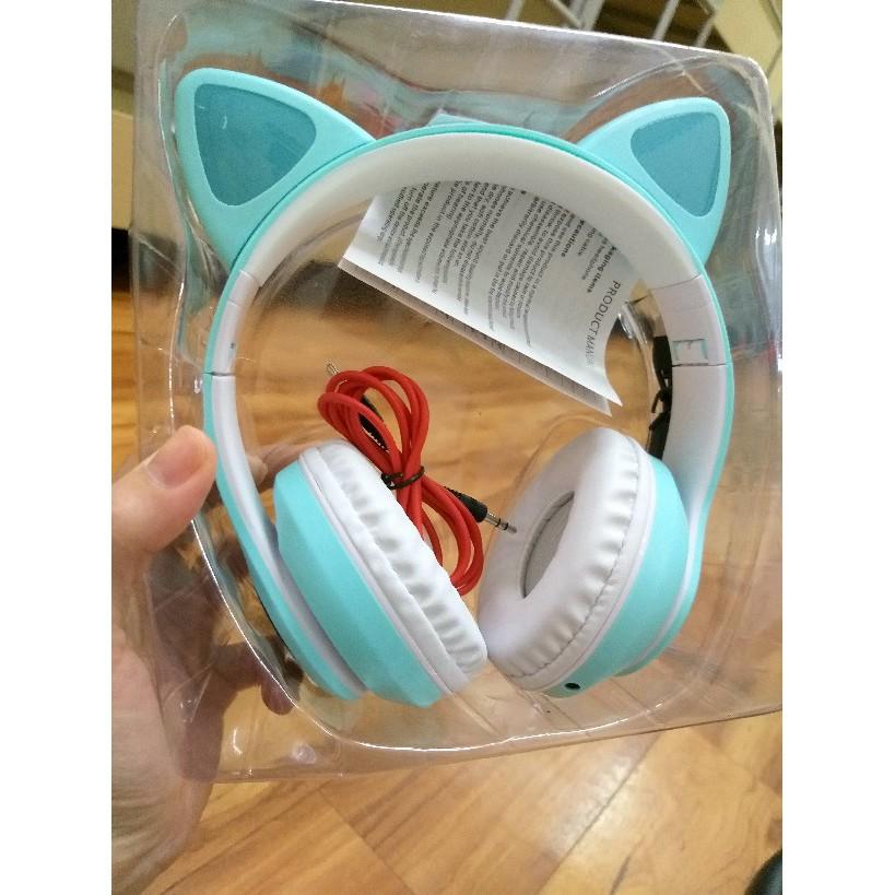 Tai nghe bluetooth chụp tai cute dễ thương, Headphone có đèn led 7 màu nhấp nháy, Tai mèo có thể tắt đèn