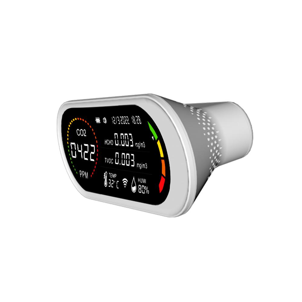 Household Air Quality Detector Multifunctional Semiconductor Sensors CO2 Tester LCD Display with Backlit Carbon Dioxide TVOC HCHO Value Temperature Humidity Detect Self-calibration with Alarm Function