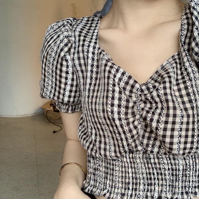 Áo croptop caro tay bồng nữ summer 2020