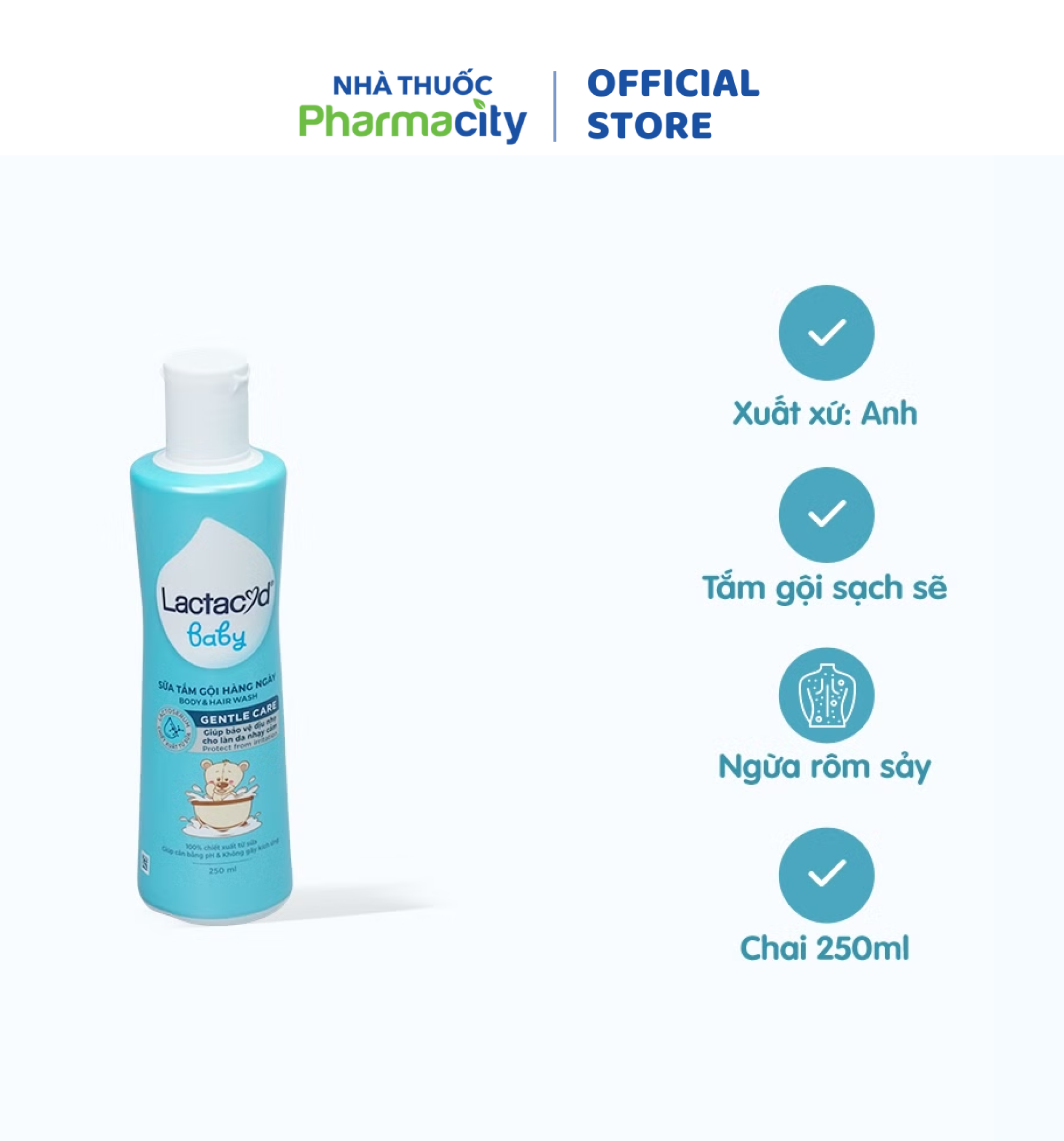 Sữa tắm giảm rôm sảy, hăm kẽ cho bé Lactacyd BB (Chai 250ml)