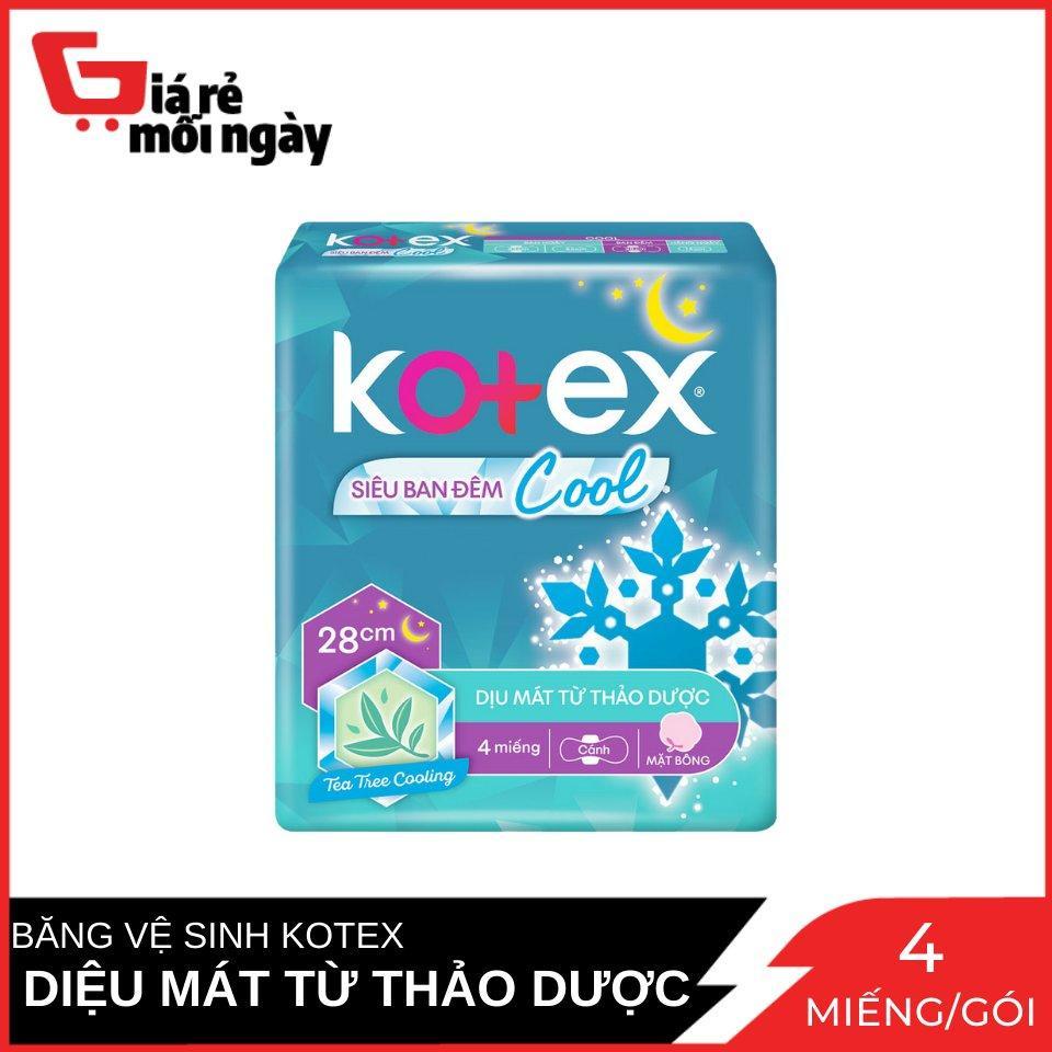 Băng Vệ Sinh Kotex siêu ban đêm Cool mặt bông cánh 28cm Gói 4 Miếng