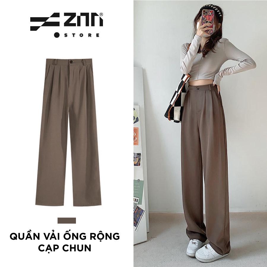 Quần Ống Rộng Dáng Suông Lưng Cao Cạp Thun Culottes Khóa Trước Màu Nâu QD33