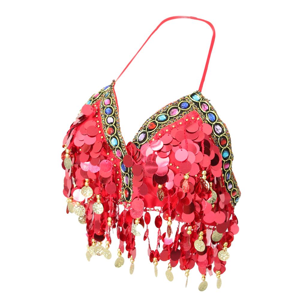 Womens Sparkling Belly Dance Bra Sequins Tassel Coins Top Samba Dancing Costume