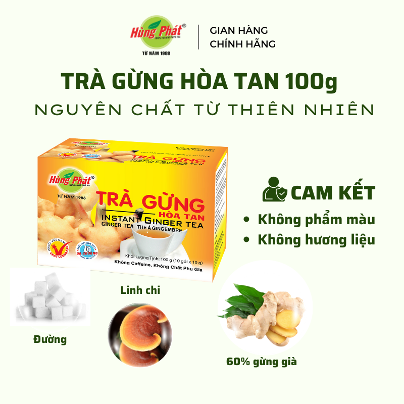 Trà Gừng Hòa Tan Hỗ Trợ Giảm Chóng Mặt Buồn Nôn Làm Ấm Cơ Thể Hộp 10 gói - Thương Hiệu Hùng Phát