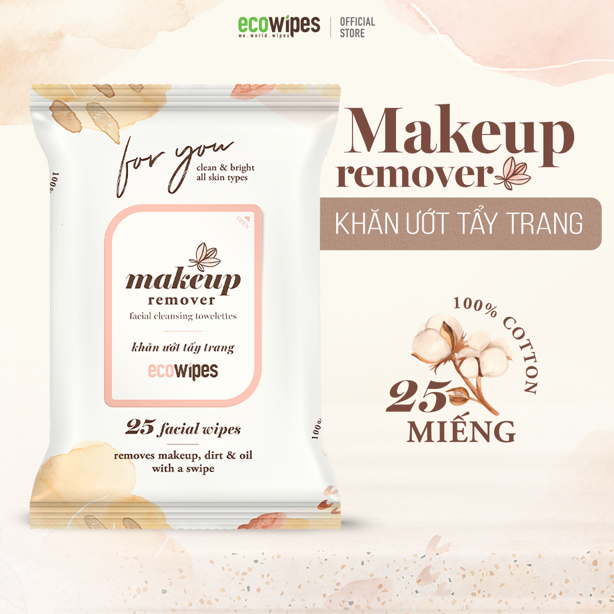 Khăn giấy ướt tẩy trang Makeup Remover Ecowipes gói 25 tờ làm sạch lớp trang điểm nhanh chóng