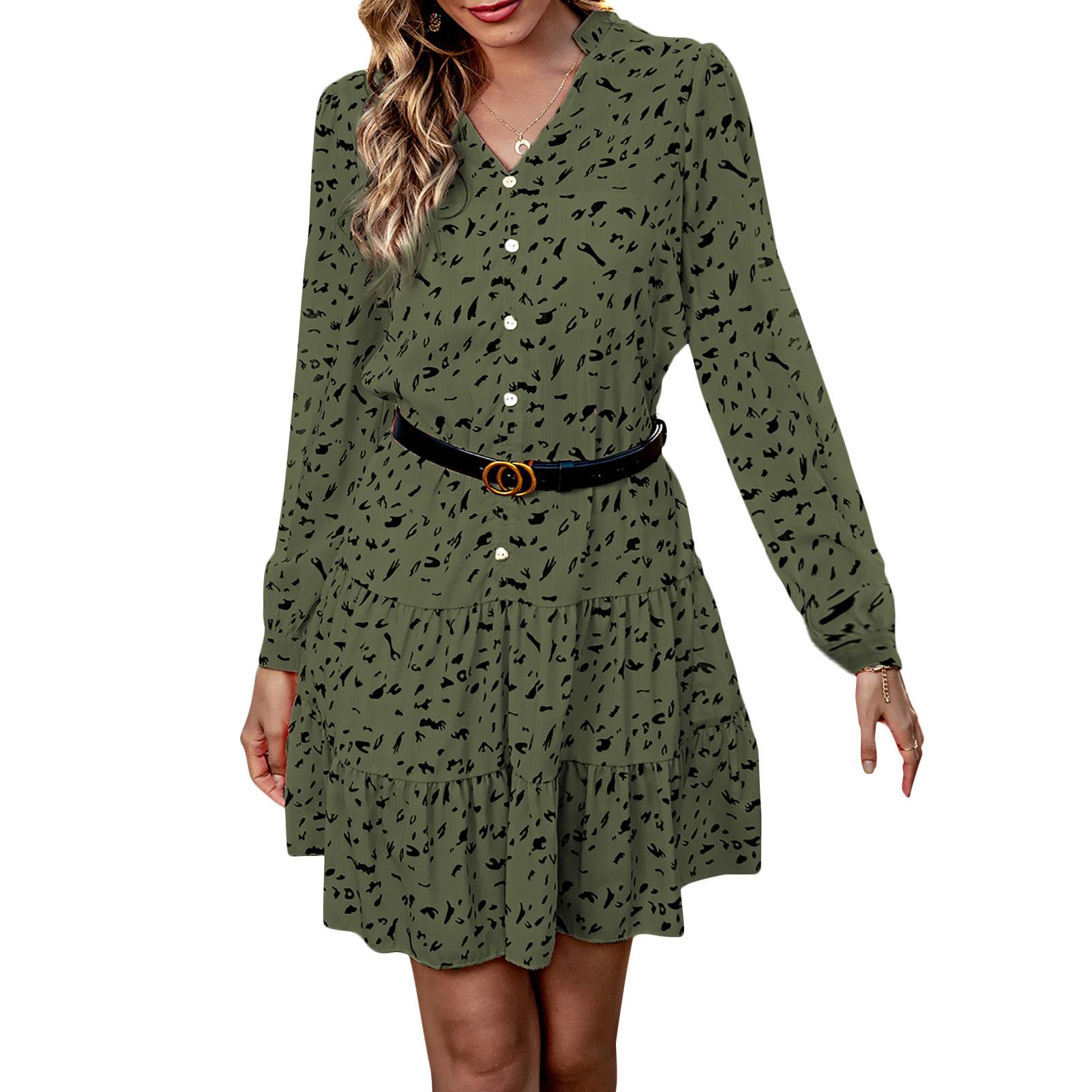 Women Long Sleeve Mini Dress Print V Neck Flared Holiday Spring Summer A-Line Casual Dress